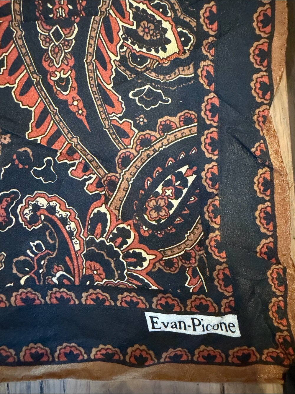 Vintage Evan-Picone Silk Paisley Square Scarf Neckerchief Black Copper 24" - Picture 5 of 5